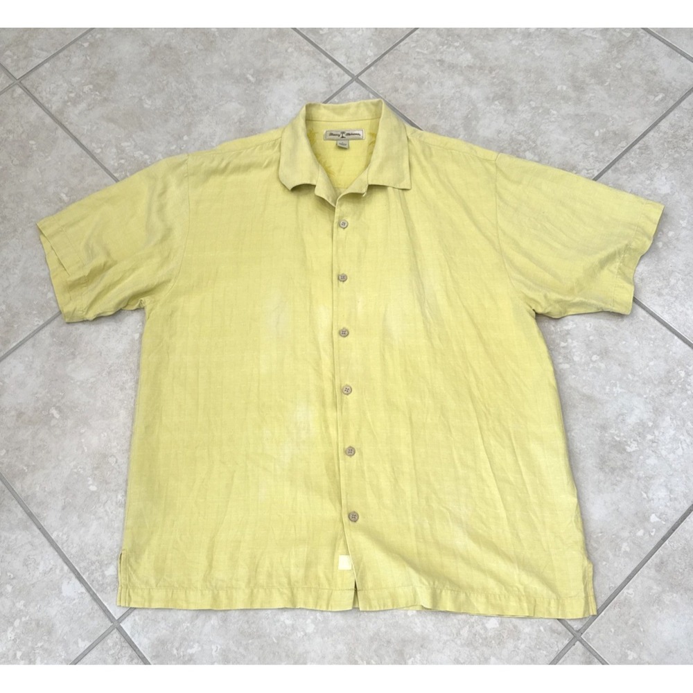 Tommy Bahama Hawaiian Shirt Yellow Sz L Silk Camp Button Down Short Sleeve Top